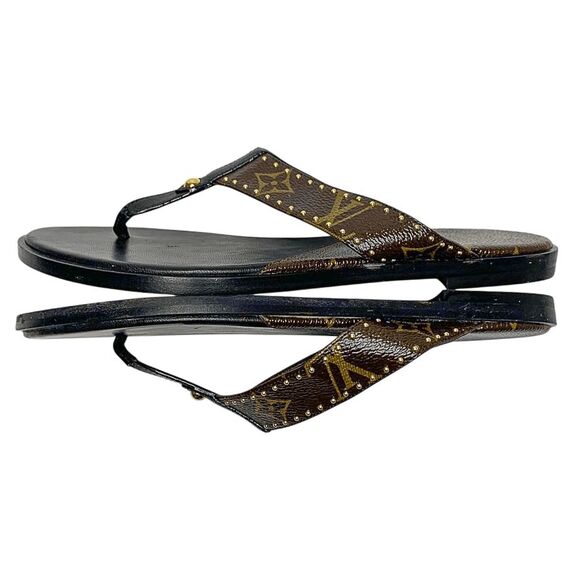 Louis Vuitton Sunny Flat Thong Sandals EU 37 Brown Monogram Logo Flip Flop Slide - Picture 5 of 9